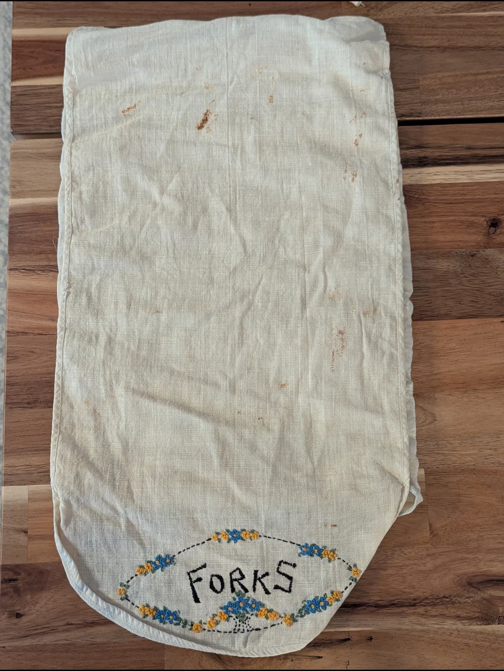 Hand Embroidered Linen Flatware Storage Rolls - Set of 3 Folk Art